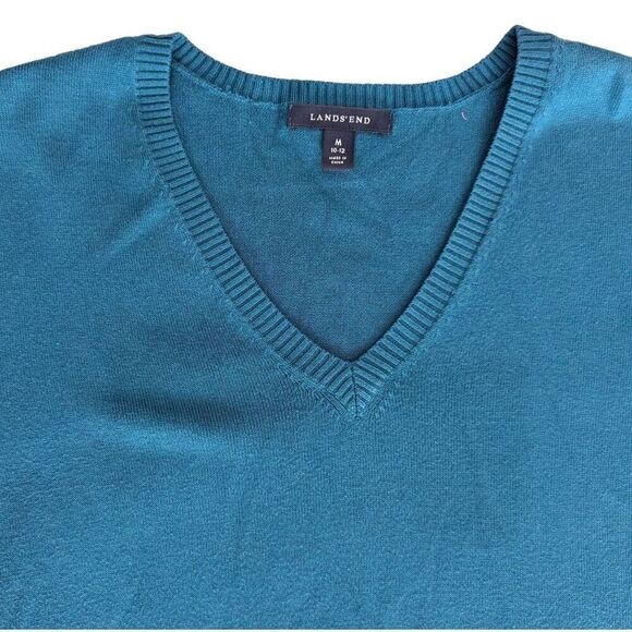 LANDS' END Blue V-Neck Sweater Baumwolle Lightweight Size M 10-12 - Picture 2 of 6